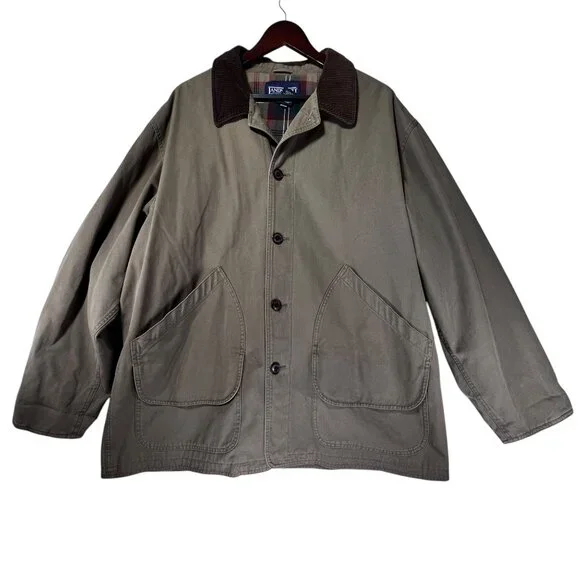 Lands End Mens Canvas XL Barn Coat Corduroy Collar Button Front Brown Tan Lined - Picture 3 of 16